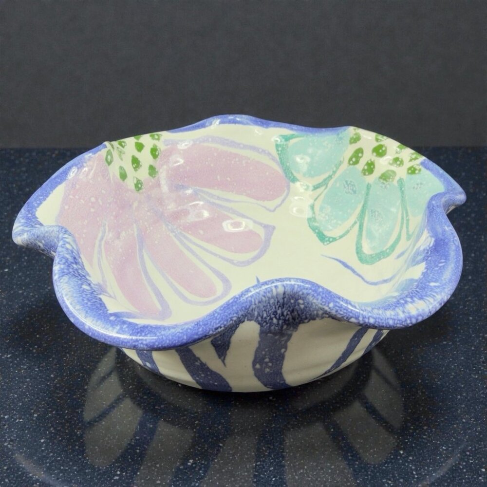 Hand Made Redware Pottery Bowl Dish Wavy Edge Artist Signed Container Floral VTG